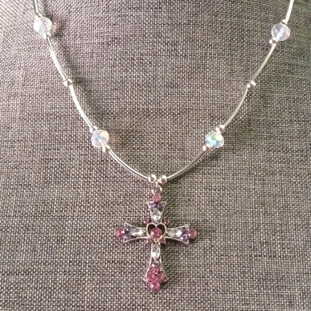 First Communion Gift for Girl - Cross w/ Pink Crystals on AB Beaded Chain - New